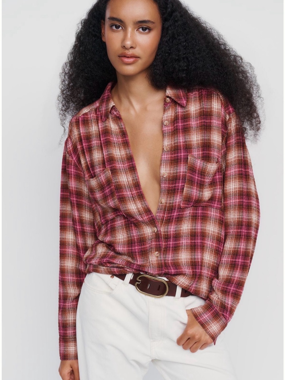 NWT Anthropologie Pilcro Hadley Pink & Brown Plaid Relaxed Button Down Shirt XS